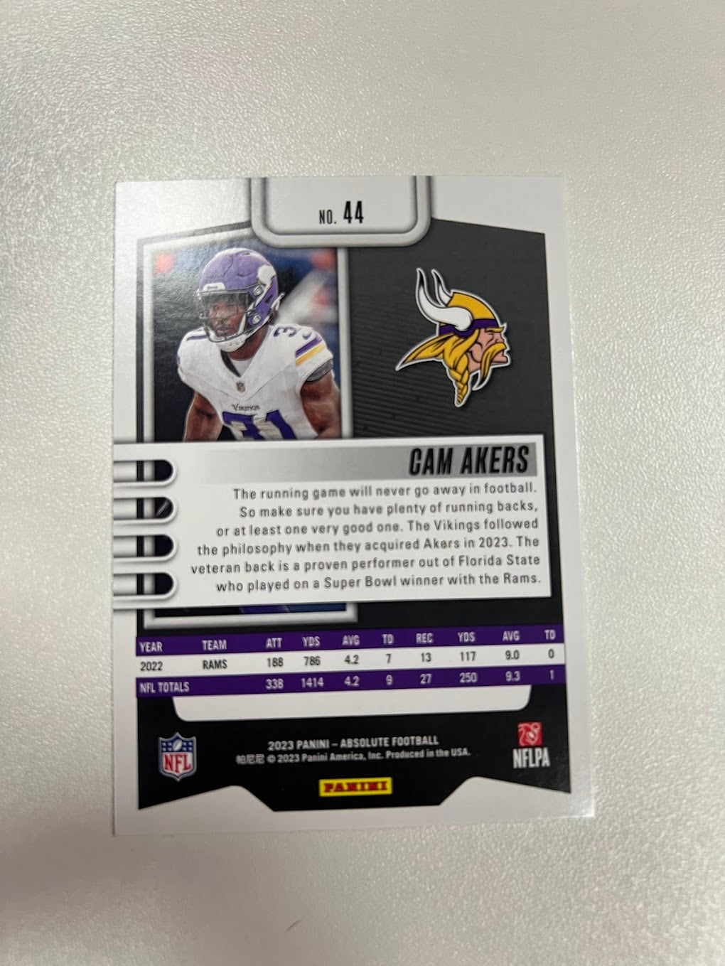 2023 Panini Absolute Cam Akers #44 Minnesota Vikings NFL Card
