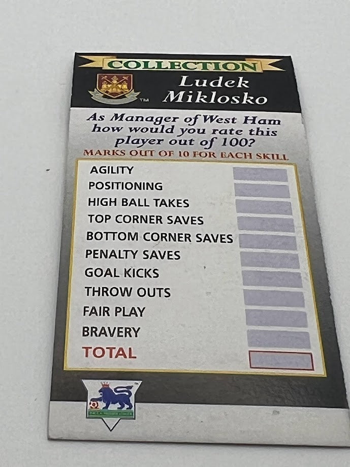 Ludek Miklosko - Loose Corinthian Football Card - West Ham - PL79